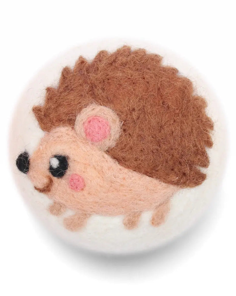 Round plush toy of a hedgehog on a white background