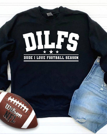 Black sweatshirt with 'DILFS DUDE I LOVE FOOTBALL SEASON' text, Wilson NFL football, and denim shorts on a white background