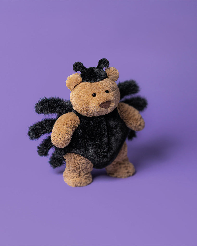Plush toy spider on a purple background