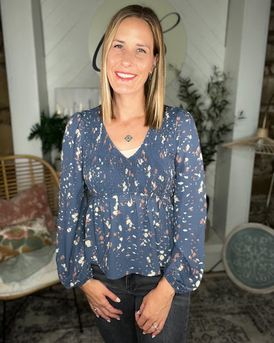 Abstract Floral Smocked Blouse
