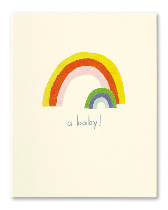 Card with a rainbow and 'a baby!' text on a beige background