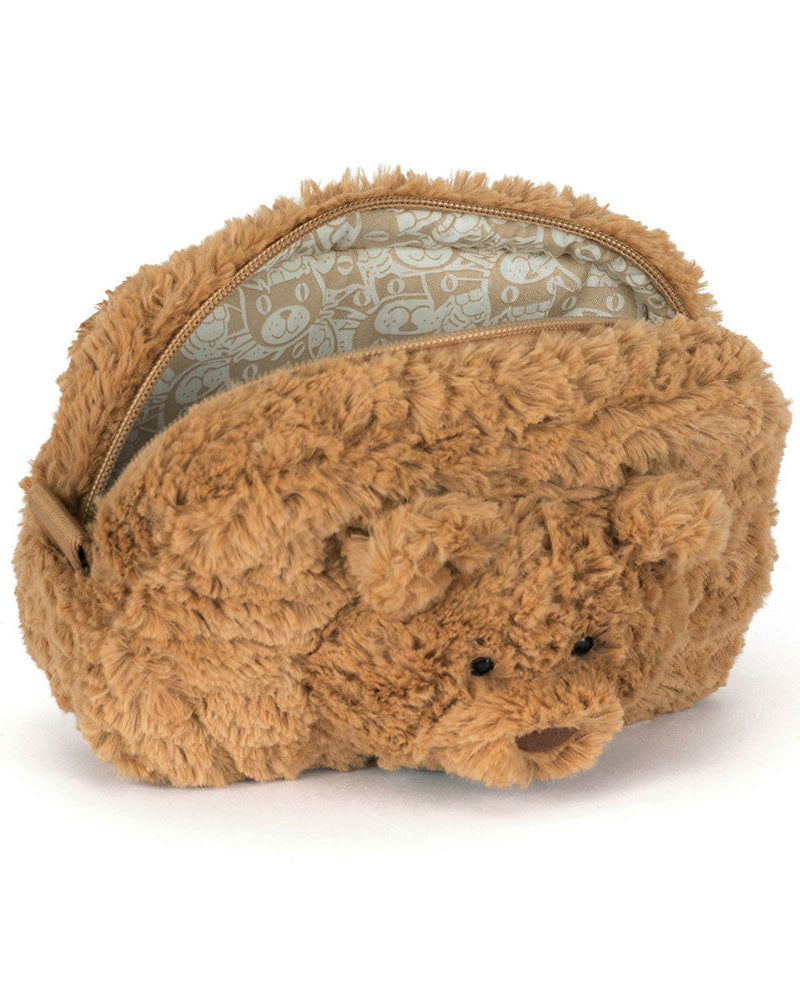 Brown teddy bear-shaped pouch with a zipper on a white background