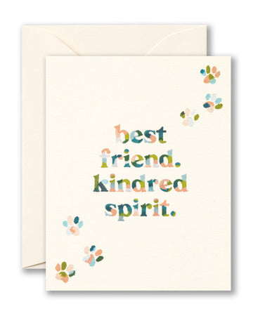 Greeting card with 'best friend, kindred spirit.' text and paw prints on a white background