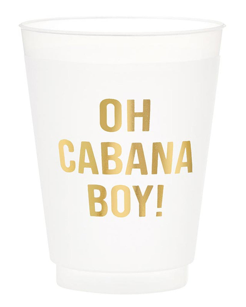 Clear plastic cup with gold text 'OH CABANA BOY!' on a white background