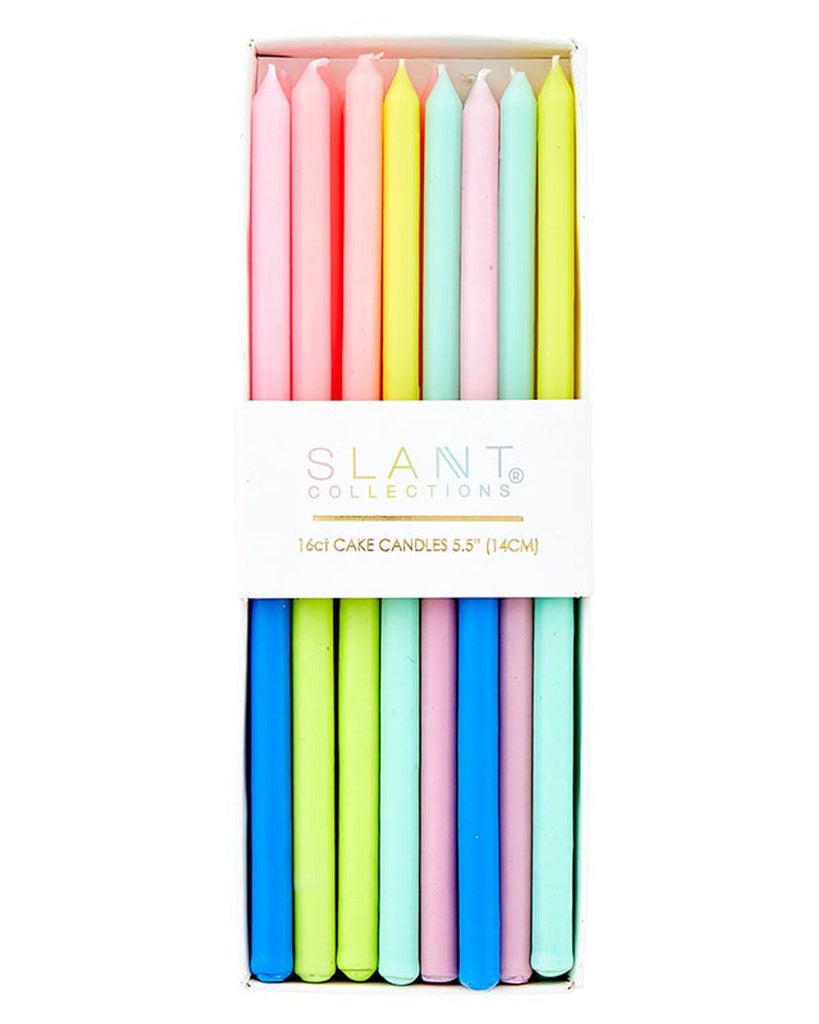 Box of colorful cake candles with 'Slant Collections' branding on a white background