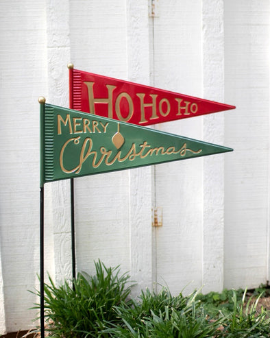 Painted Metal Christmas Pennants Yard Stakes