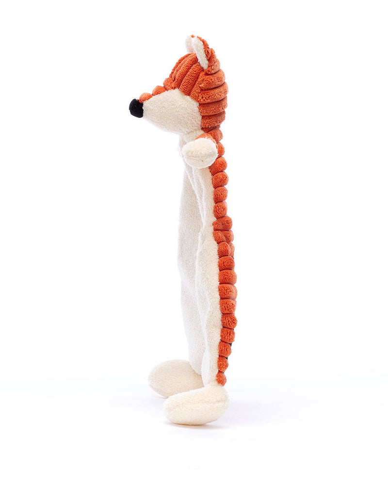 Plush toy fox with a long tail on a white background