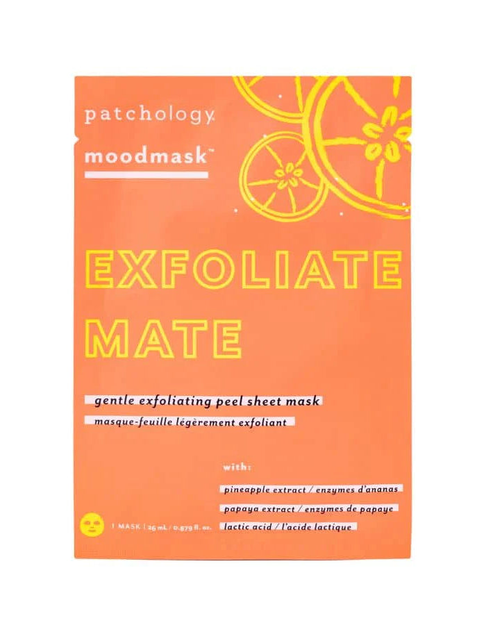 Patchology moodmask Exfoliate Mate packaging on a white background
