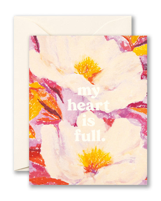 Greeting card with floral design and 'my heart is full' text on a white background