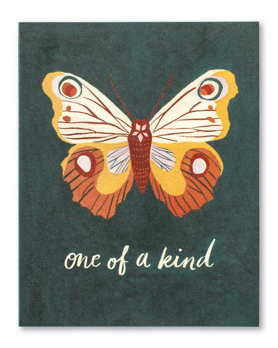 Butterfly illustration on a dark green background with 'one of a kind' text
