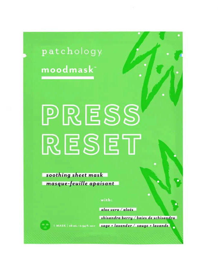 Green patchology moodmask packaging with text 'Press Reset' on a white background