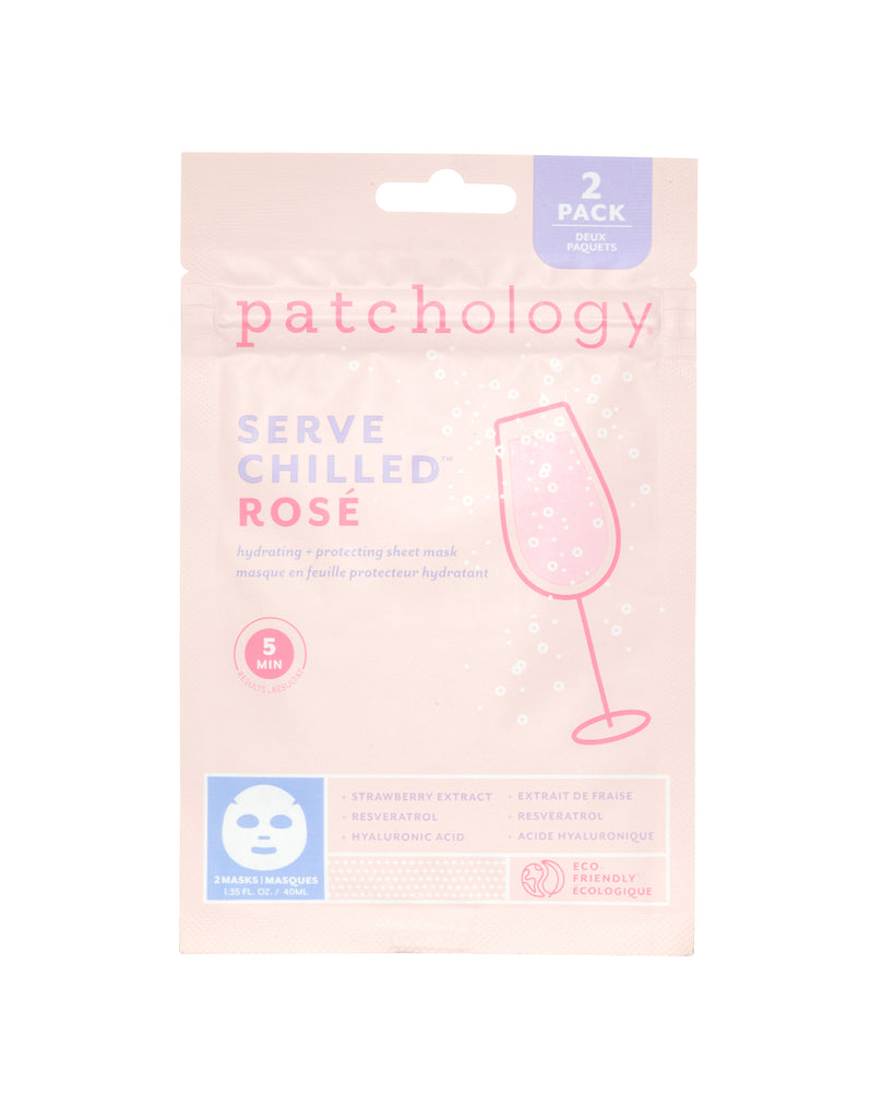 Pack of Patchology Serve Chilled Rose face masks on a white background