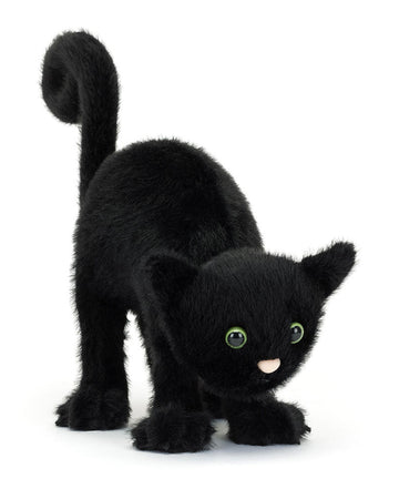 Plush black cat toy on a white background