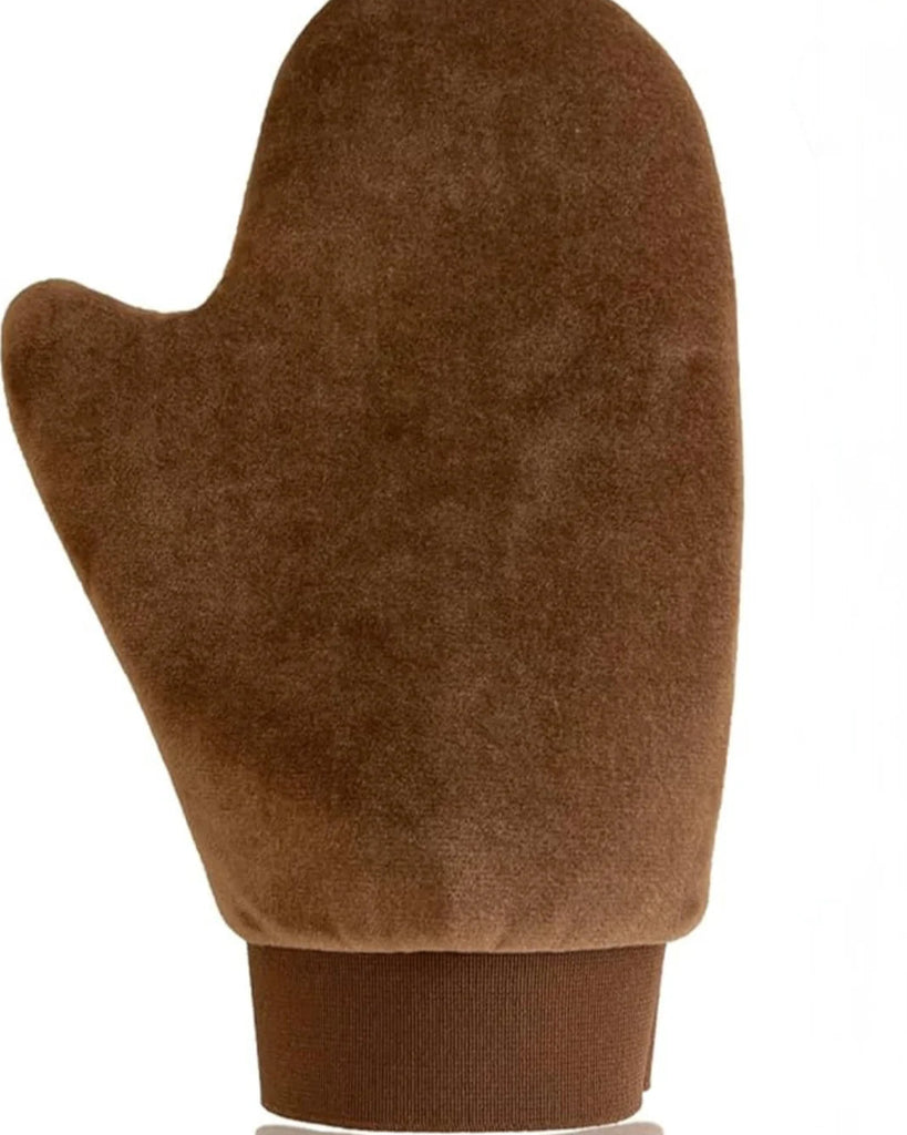 Brown tanning mitt on a white background