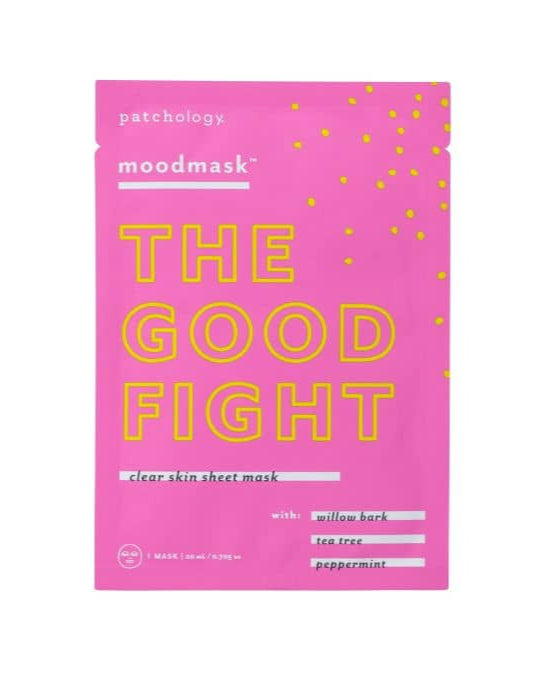 Pink sheet mask packaging with yellow text on a white background