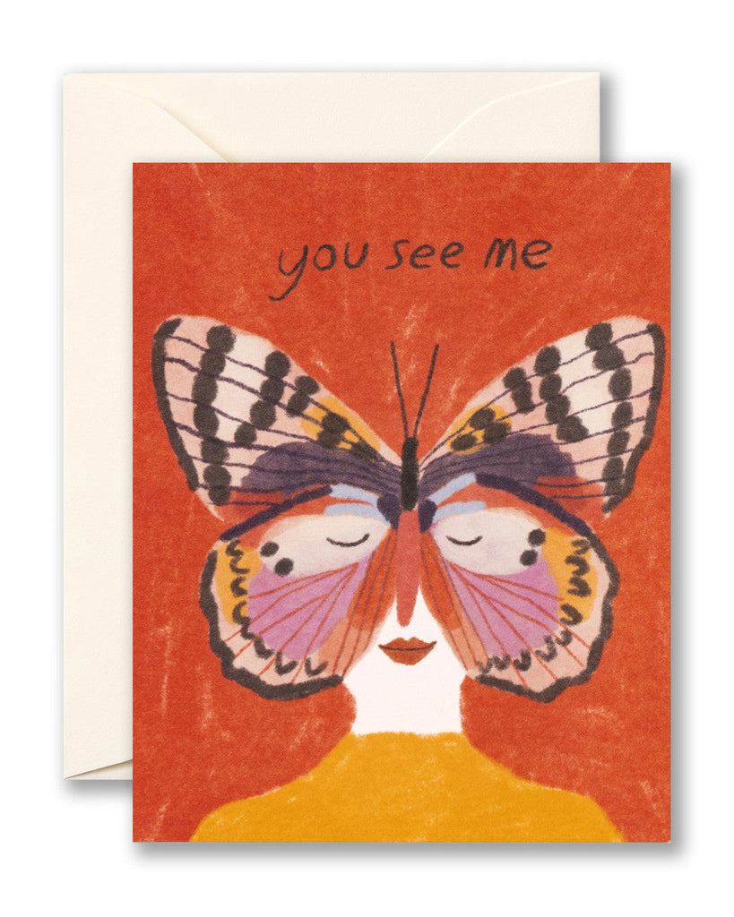 Greeting card with butterfly design and text 'you see me' on a red background